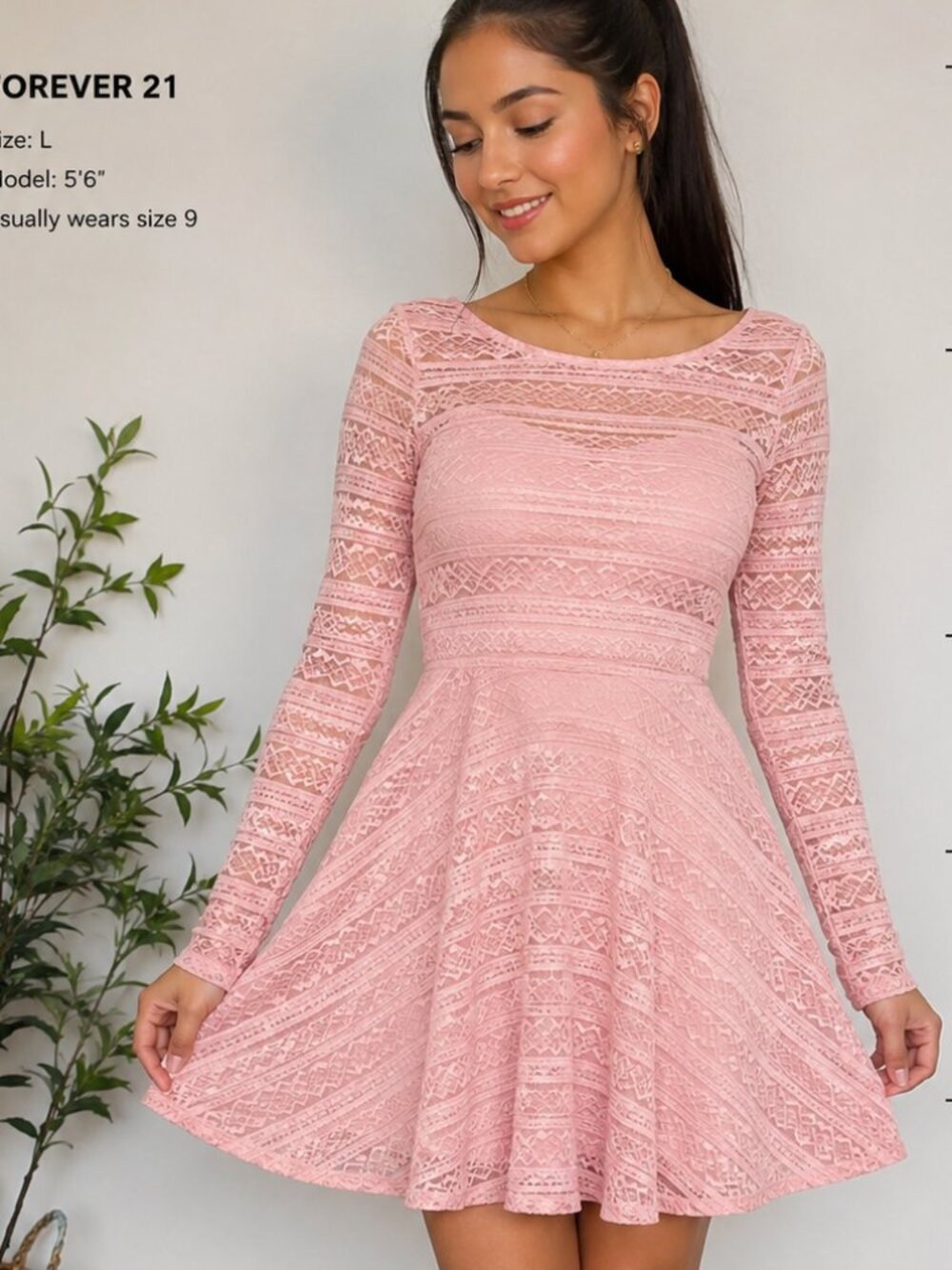 Forever 21 Pink Lace Fit & Flare Dress Size S Long Sleeve Skater Dress